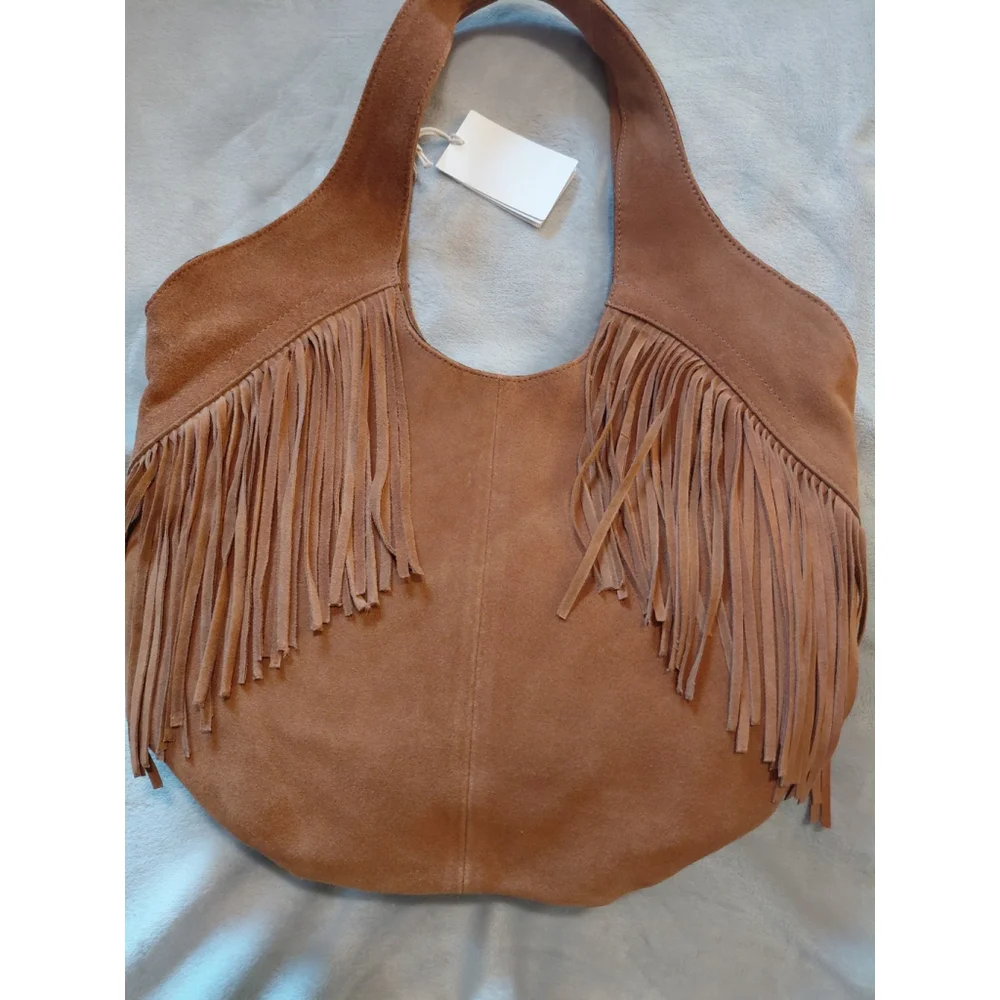 Lucky Brand Nyra Honey Tan Suede Fringe Leather Hobo Shoulder Bag Boho NWT